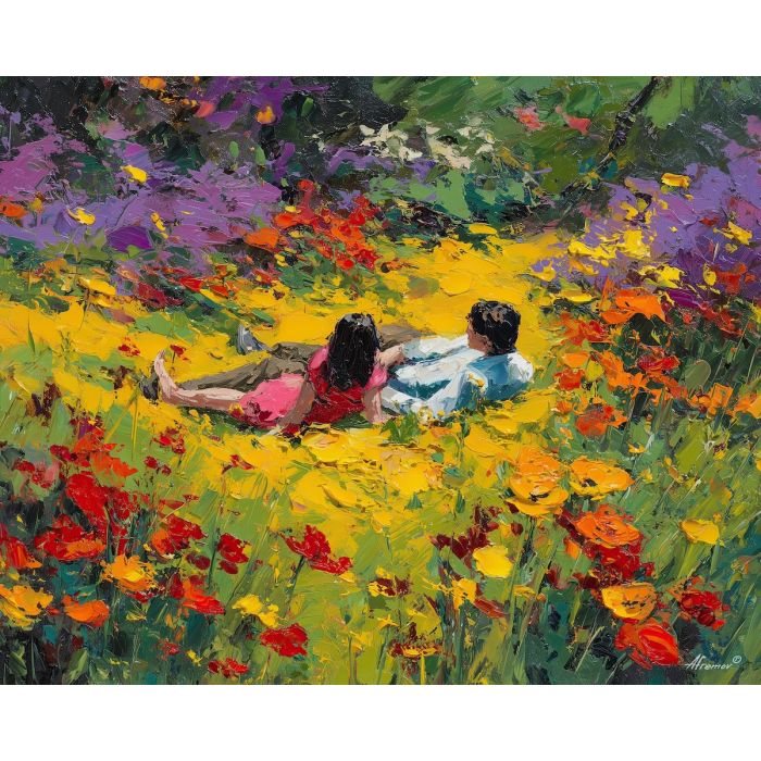 fresh, clearing, spring theme, bright colors, green, yellow, violet, red, seasonal art, people, animals, painterly, expressive style, modern painting, textured surface, joyful mood, color harmony