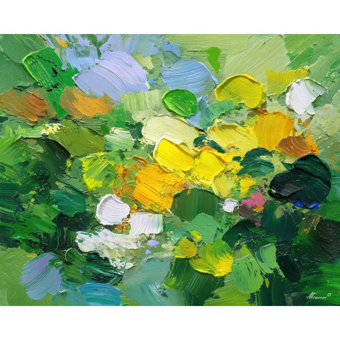 vivid, forms, spring abstract, abstract art, bright colors, green, yellow, violet, red, palette knife, oil painting, impasto, textured surface, modern abstract, color harmony, seasonal abstraction, expressive painting