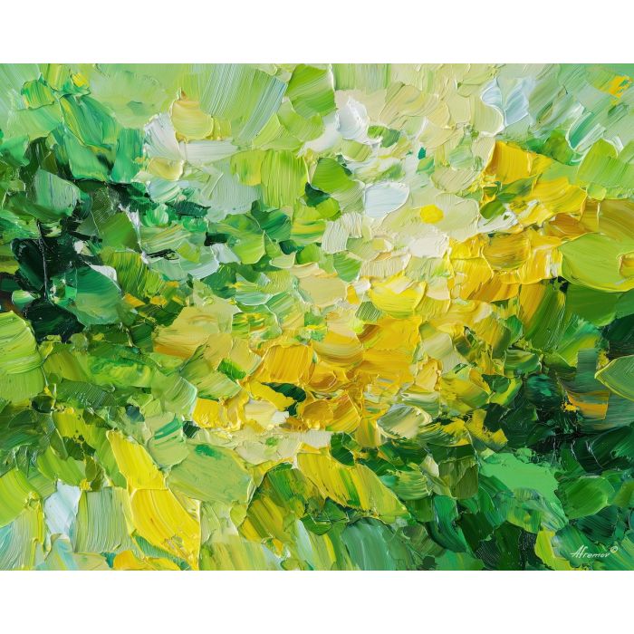 bright, growth, spring animals, deers, wildlife art, nature scene, bright colors, palette knife, oil painting, impasto, textured surface, animal painting, springtime, modern wildlife art, painterly style, seasonal art, expressive painting