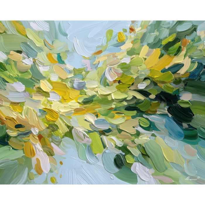 expanded, pulse, spring abstract, abstract art, bright colors, green, yellow, violet, red, palette knife, oil painting, impasto, textured surface, modern abstract, color harmony, seasonal abstraction, expressive painting