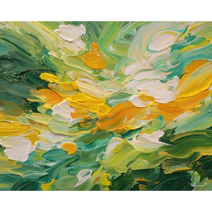 flowing, fields, spring abstract, abstract art, bright colors, green, yellow, violet, red, palette knife, oil painting, impasto, textured surface, modern abstract, color harmony, seasonal abstraction, expressive painting