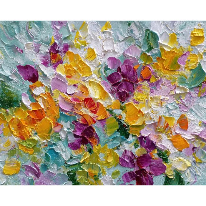 airy, structure, spring abstract, abstract art, bright colors, green, yellow, violet, red, palette knife, oil painting, impasto, textured surface, modern abstract, color harmony, seasonal abstraction, expressive painting