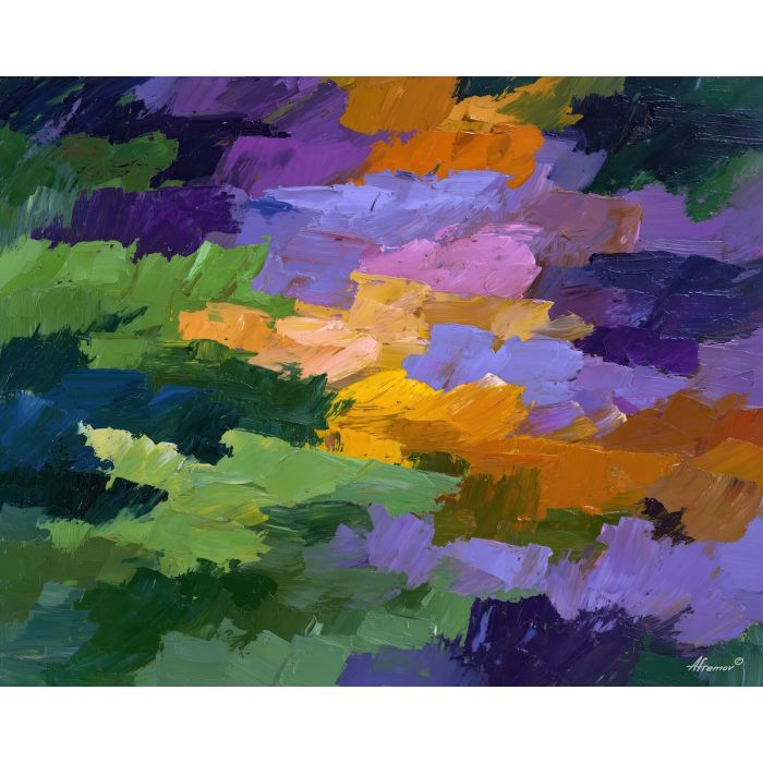 rising, structure, spring abstract, abstract art, bright colors, green, yellow, violet, red, palette knife, oil painting, impasto, textured surface, modern abstract, color harmony, seasonal abstraction, expressive painting