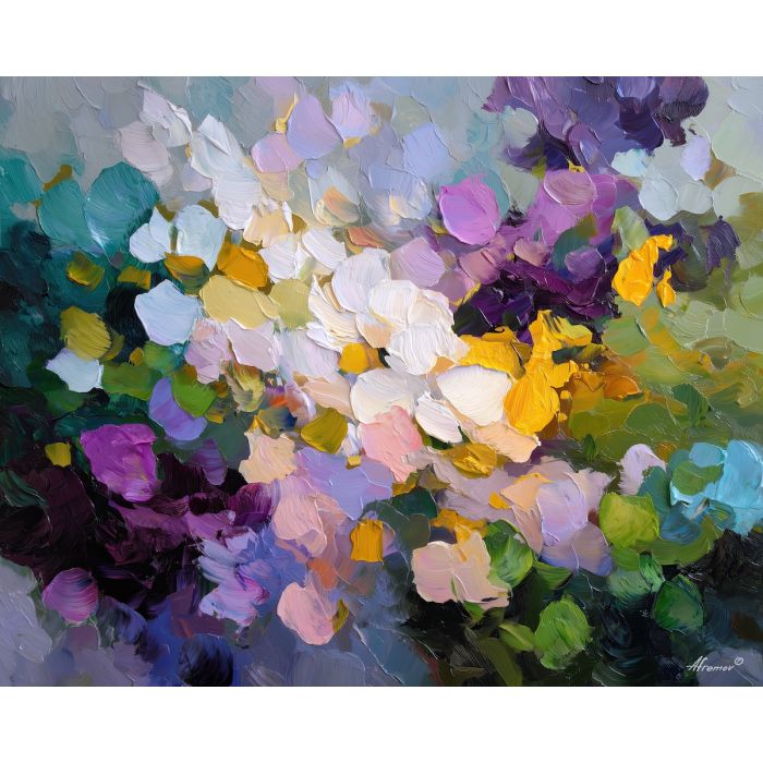 airy, harmony, spring abstract, abstract art, bright colors, green, yellow, violet, red, palette knife, oil painting, impasto, textured surface, modern abstract, color harmony, seasonal abstraction, expressive painting