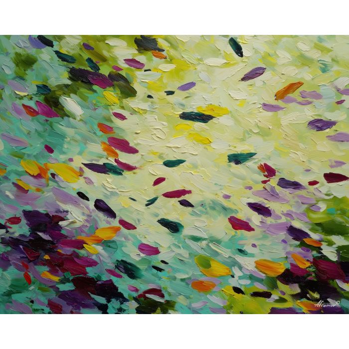 fresh, forms, spring abstract, abstract art, bright colors, green, yellow, violet, red, palette knife, oil painting, impasto, textured surface, modern abstract, color harmony, seasonal abstraction, expressive painting