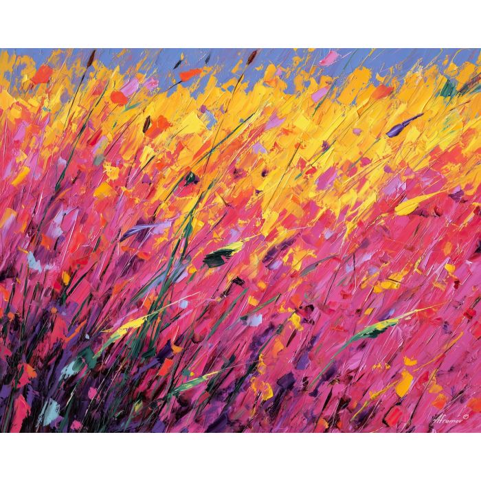 radiant, fields, spring abstract, abstract art, bright colors, green, yellow, violet, red, palette knife, oil painting, impasto, textured surface, modern abstract, color harmony, seasonal abstraction, expressive painting