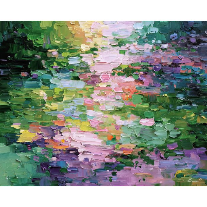 expanded, flow, spring abstract, abstract art, bright colors, green, yellow, violet, red, palette knife, oil painting, impasto, textured surface, modern abstract, color harmony, seasonal abstraction, expressive painting