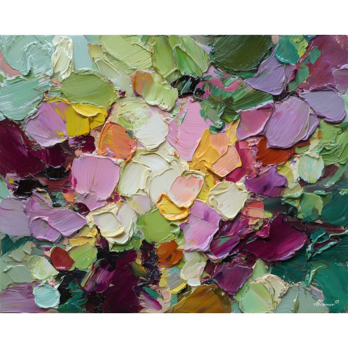 joyful, layers, spring abstract, abstract art, bright colors, green, yellow, violet, red, palette knife, oil painting, impasto, textured surface, modern abstract, color harmony, seasonal abstraction, expressive painting