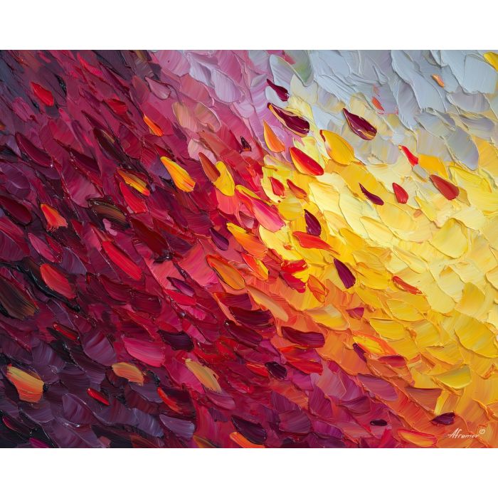 fresh, emergence, spring abstract, abstract art, bright colors, green, yellow, violet, red, palette knife, oil painting, impasto, textured surface, modern abstract, color harmony, seasonal abstraction, expressive painting