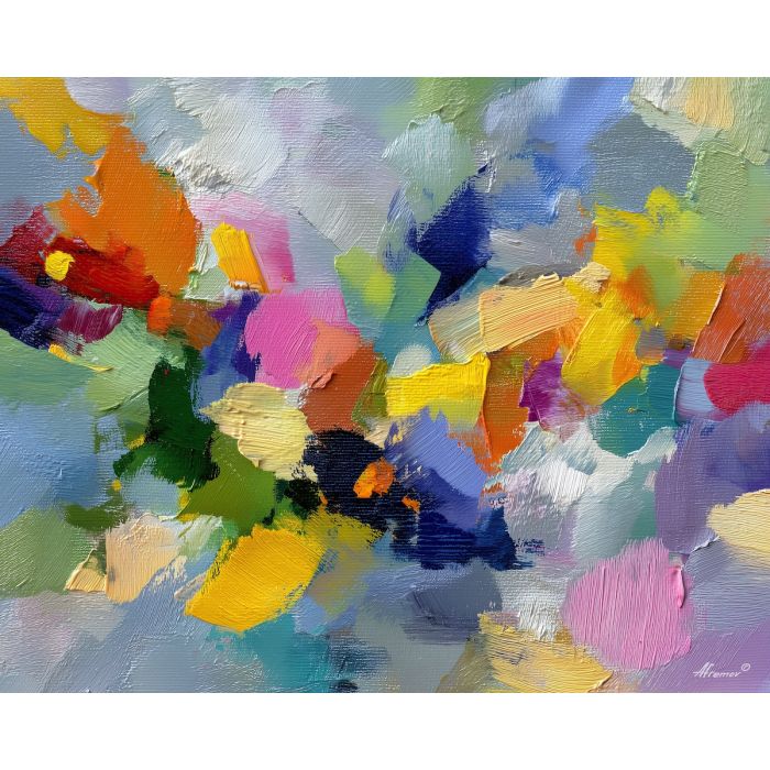 soft, movement, spring abstract, abstract art, bright colors, green, yellow, violet, red, palette knife, oil painting, impasto, textured surface, modern abstract, color harmony, seasonal abstraction, expressive painting