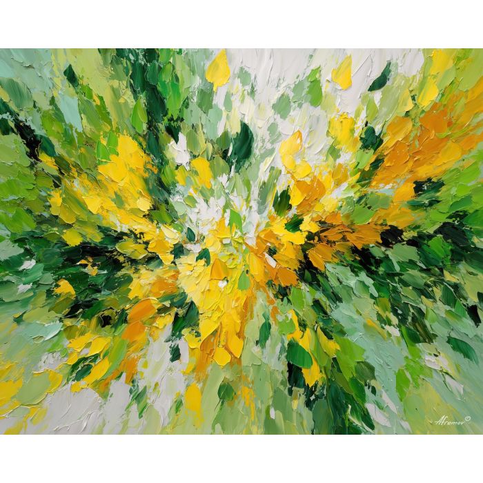 rising, rhythm, spring abstract, abstract art, bright colors, green, yellow, violet, red, palette knife, oil painting, impasto, textured surface, modern abstract, color harmony, seasonal abstraction, expressive painting