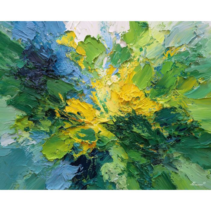 expanded, shift, spring abstract, abstract art, bright colors, green, yellow, violet, red, palette knife, oil painting, impasto, textured surface, modern abstract, color harmony, seasonal abstraction, expressive painting