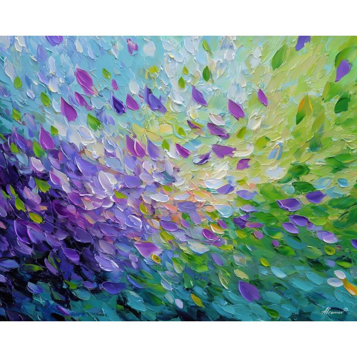 colorful, flow, spring abstract, abstract art, bright colors, green, yellow, violet, red, palette knife, oil painting, impasto, textured surface, modern abstract, color harmony, seasonal abstraction, expressive painting