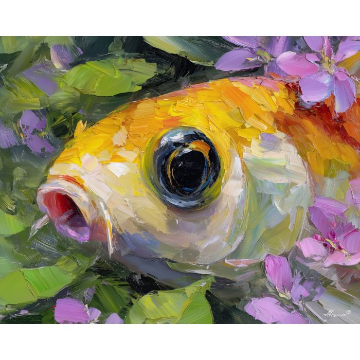 clear, presence, fish close up, spring animal, wildlife portrait, animal face, palette knife, oil painting, impasto, textured surface, expressive animal, modern wildlife art, spring colors, painterly portrait, seasonal art, nature, close crop