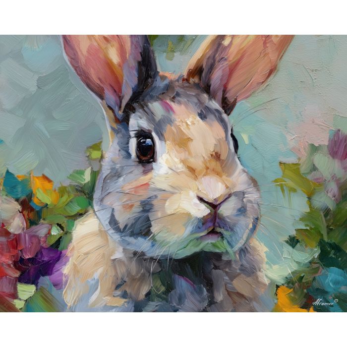 blooming, look, rabbit close up, spring animal, wildlife portrait, animal face, palette knife, oil painting, impasto, textured surface, expressive animal, modern wildlife art, spring colors, painterly portrait, seasonal art, nature, close crop