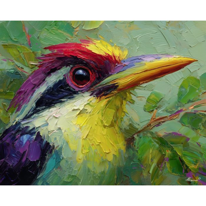 calm, silence, bird close up, spring animal, wildlife portrait, animal face, palette knife, oil painting, impasto, textured surface, expressive animal, modern wildlife art, spring colors, painterly portrait, seasonal art, nature, close crop