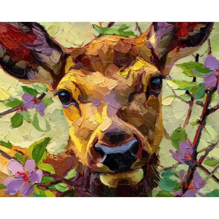 quiet, stare, elk close up, spring animal, wildlife portrait, animal face, palette knife, oil painting, impasto, textured surface, expressive animal, modern wildlife art, spring colors, painterly portrait, seasonal art, nature, close crop