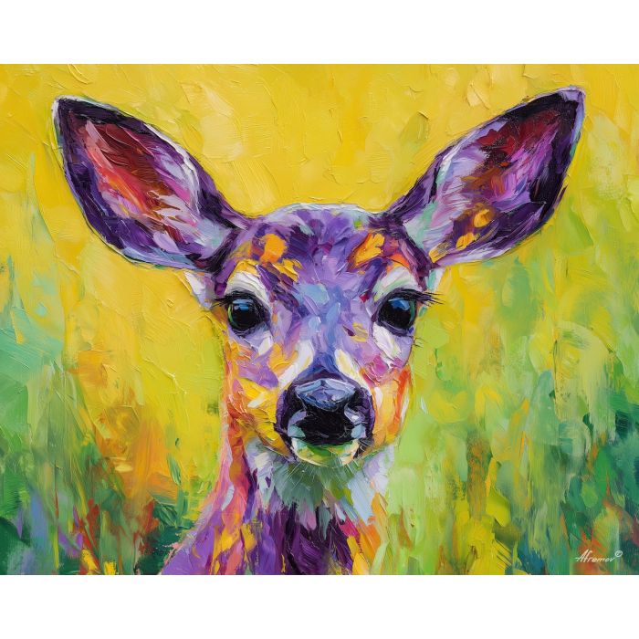 vivid, silence, deer close up, spring animal, wildlife portrait, animal face, palette knife, oil painting, impasto, textured surface, expressive animal, modern wildlife art, spring colors, painterly portrait, seasonal art, nature, close crop