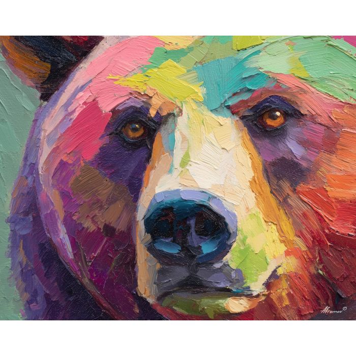 lively, detail, bear close up, spring animal, wildlife portrait, animal face, palette knife, oil painting, impasto, textured surface, expressive animal, modern wildlife art, spring colors, painterly portrait, seasonal art, nature, close crop