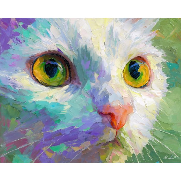 airy, expression, cat close up, spring animal, wildlife portrait, animal face, palette knife, oil painting, impasto, textured surface, expressive animal, modern wildlife art, spring colors, painterly portrait, seasonal art, nature, close crop