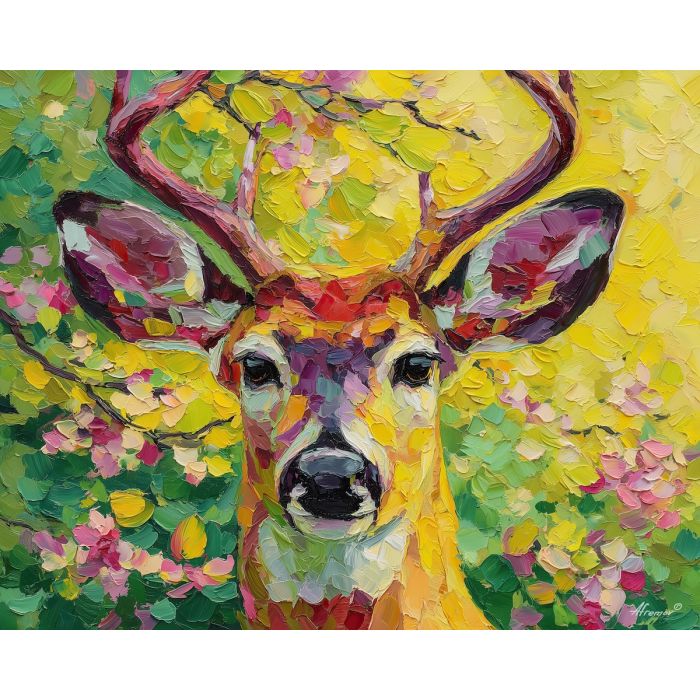 focused, stare, deer close up, spring animal, wildlife portrait, animal face, palette knife, oil painting, impasto, textured surface, expressive animal, modern wildlife art, spring colors, painterly portrait, seasonal art, nature, close crop