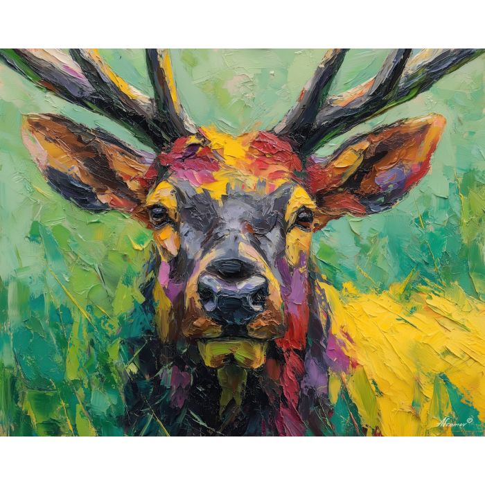vivid, portrait, elk close up, spring animal, wildlife portrait, animal face, palette knife, oil painting, impasto, textured surface, expressive animal, modern wildlife art, spring colors, painterly portrait, seasonal art, nature, close crop