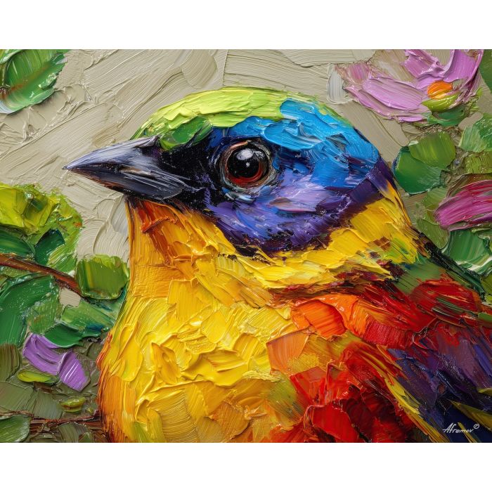 soft, closeup, bird close up, spring animal, wildlife portrait, animal face, palette knife, oil painting, impasto, textured surface, expressive animal, modern wildlife art, spring colors, painterly portrait, seasonal art, nature, close crop