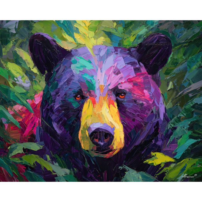 clear, energy, bear close up, spring animal, wildlife portrait, animal face, palette knife, oil painting, impasto, textured surface, expressive animal, modern wildlife art, spring colors, painterly portrait, seasonal art, nature, close crop