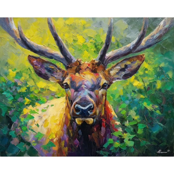 wild, look, elk close up, spring animal, wildlife portrait, animal face, palette knife, oil painting, impasto, textured surface, expressive animal, modern wildlife art, spring colors, painterly portrait, seasonal art, nature, close crop