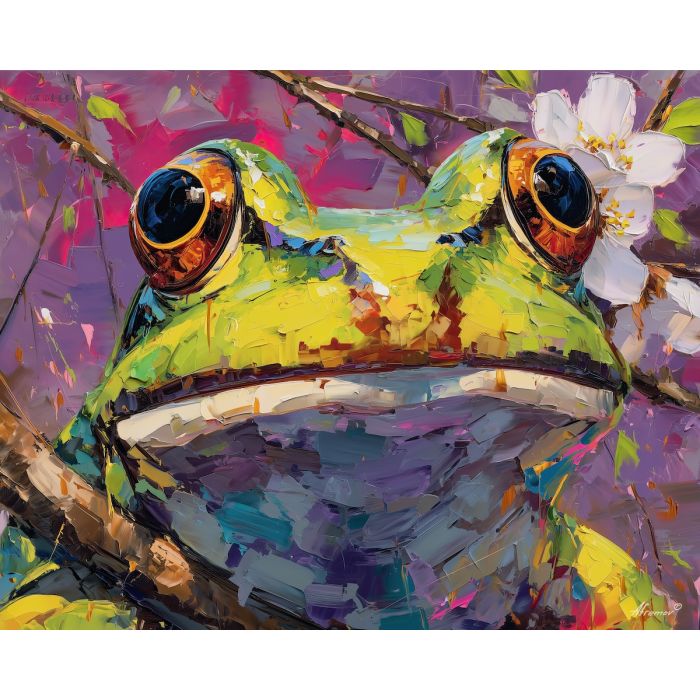 spring, head, frog close up, spring animal, wildlife portrait, animal face, palette knife, oil painting, impasto, textured surface, expressive animal, modern wildlife art, spring colors, painterly portrait, seasonal art, nature, close crop