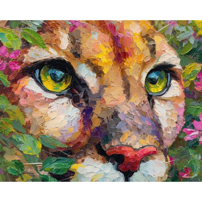 calm, view, puma close up, spring animal, wildlife portrait, animal face, palette knife, oil painting, impasto, textured surface, expressive animal, modern wildlife art, spring colors, painterly portrait, seasonal art, nature, close crop