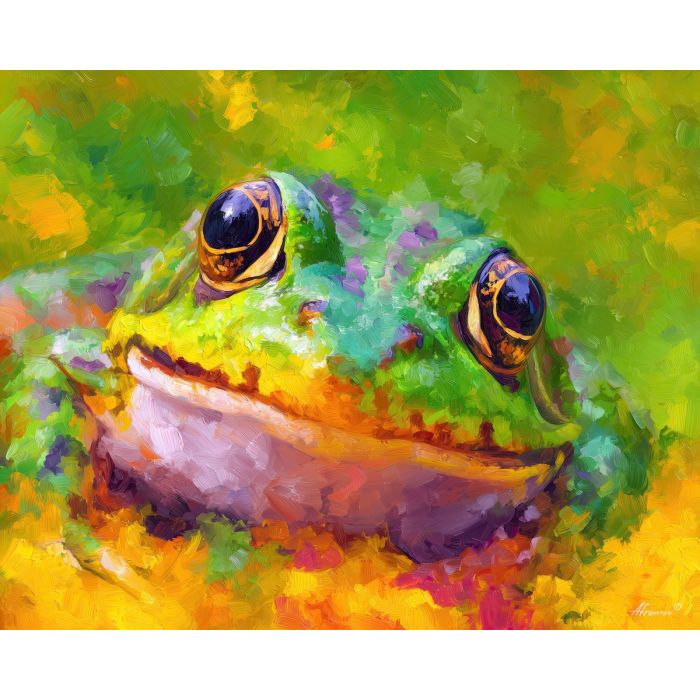 spring, energy, frog close up, spring animal, wildlife portrait, animal face, palette knife, oil painting, impasto, textured surface, expressive animal, modern wildlife art, spring colors, painterly portrait, seasonal art, nature, close crop