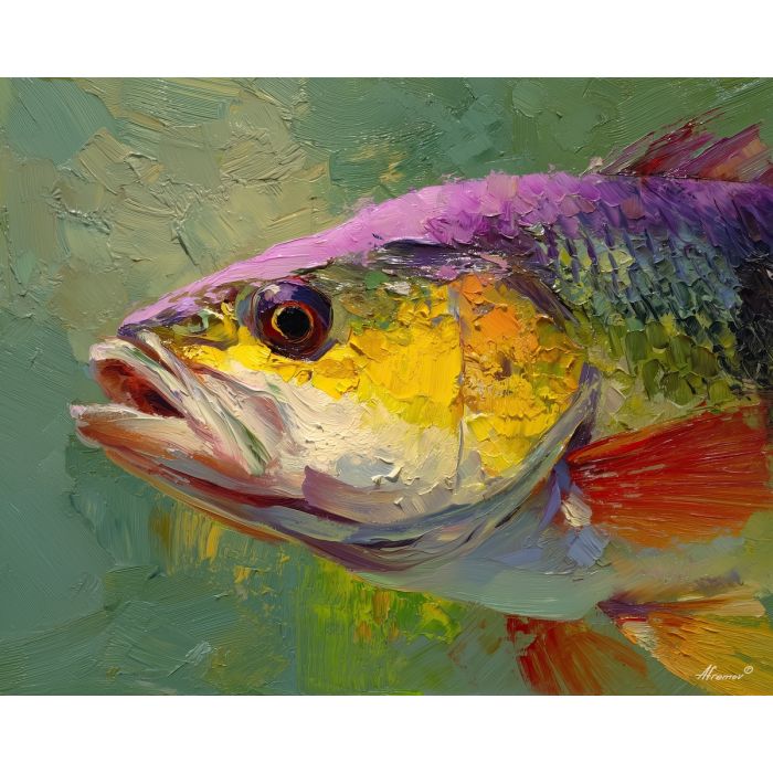 soft, moment, fish close up, spring animal, wildlife portrait, animal face, palette knife, oil painting, impasto, textured surface, expressive animal, modern wildlife art, spring colors, painterly portrait, seasonal art, nature, close crop