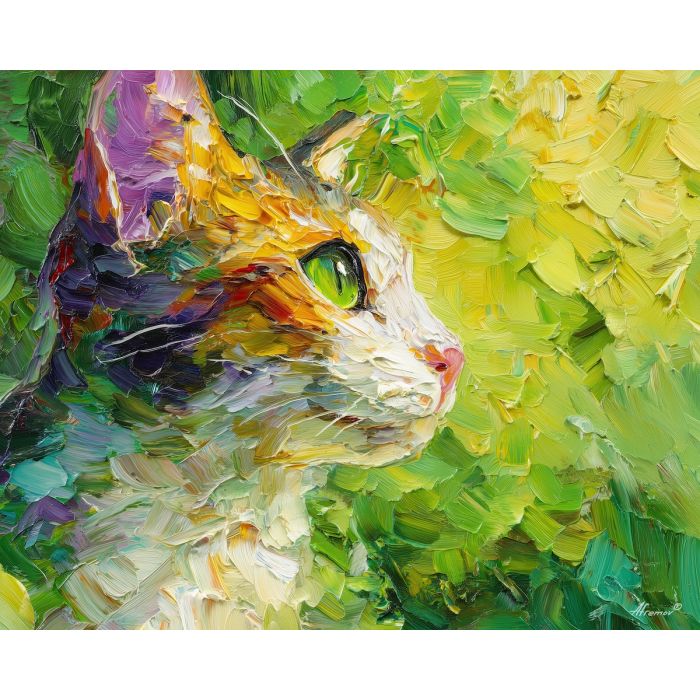 natural, spirit, cat close up, spring animal, wildlife portrait, animal face, palette knife, oil painting, impasto, textured surface, expressive animal, modern wildlife art, spring colors, painterly portrait, seasonal art, nature, close crop