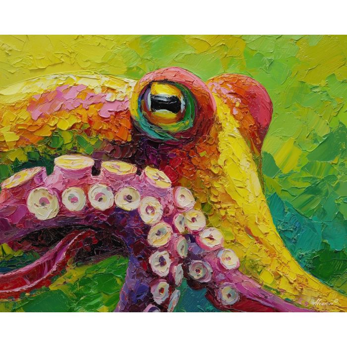 warm, silence, octopus close up, spring animal, wildlife portrait, animal face, palette knife, oil painting, impasto, textured surface, expressive animal, modern wildlife art, spring colors, painterly portrait, seasonal art, nature, close crop