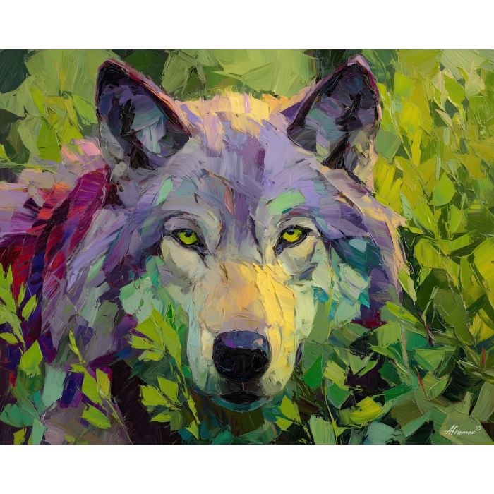 airy, form, wolf close up, spring animal, wildlife portrait, animal face, palette knife, oil painting, impasto, textured surface, expressive animal, modern wildlife art, spring colors, painterly portrait, seasonal art, nature, close crop