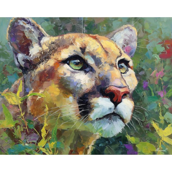 open, face, puma close up, spring animal, wildlife portrait, animal face, palette knife, oil painting, impasto, textured surface, expressive animal, modern wildlife art, spring colors, painterly portrait, seasonal art, nature, close crop
