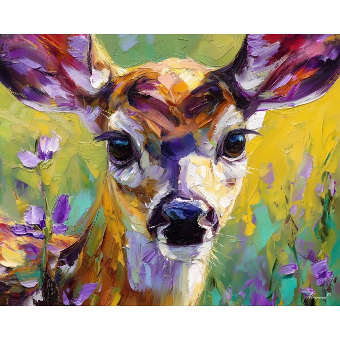 calm, face, deer close up, spring animal, wildlife portrait, animal face, palette knife, oil painting, impasto, textured surface, expressive animal, modern wildlife art, spring colors, painterly portrait, seasonal art, nature, close crop