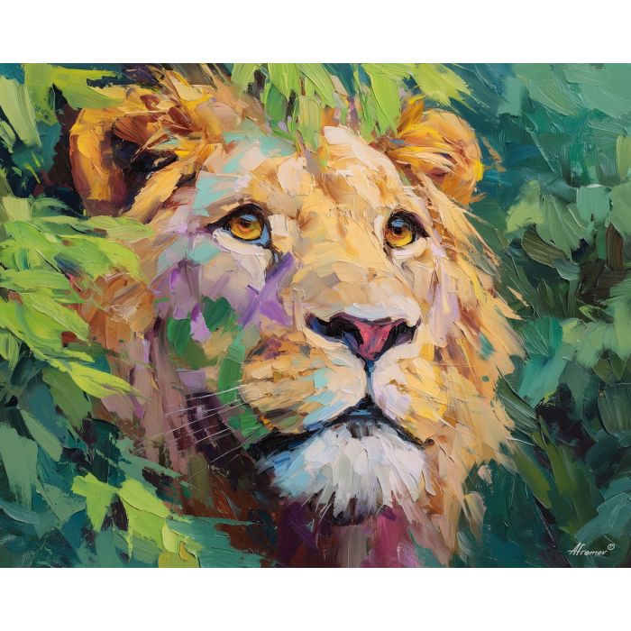 wild, moment, lion close up, spring animal, wildlife portrait, animal face, palette knife, oil painting, impasto, textured surface, expressive animal, modern wildlife art, spring colors, painterly portrait, seasonal art, nature, close crop
