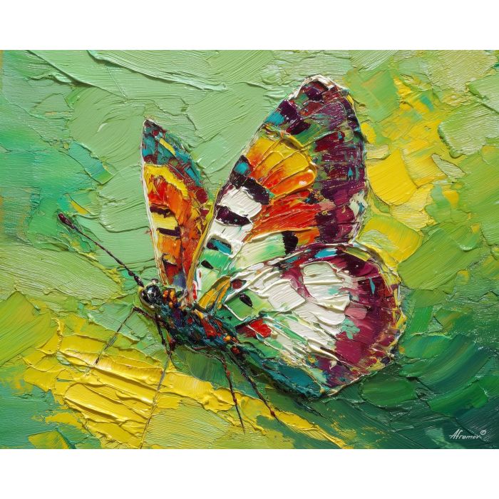 airy, profile, butterfly close up, spring animal, wildlife portrait, animal face, palette knife, oil painting, impasto, textured surface, expressive animal, modern wildlife art, spring colors, painterly portrait, seasonal art, nature, close crop
