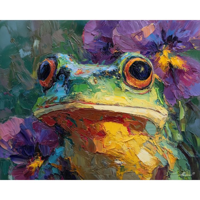 vivid, profile, frog close up, spring animal, wildlife portrait, animal face, palette knife, oil painting, impasto, textured surface, expressive animal, modern wildlife art, spring colors, painterly portrait, seasonal art, nature, close crop