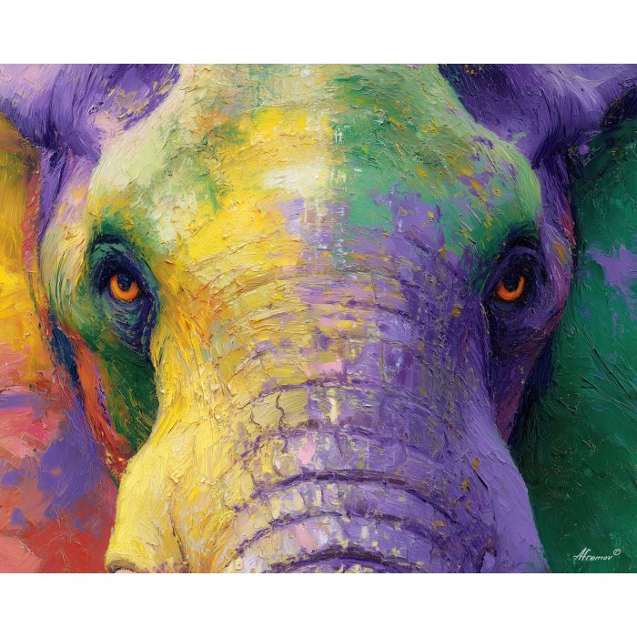 alive, stare, elephant close up, spring animal, wildlife portrait, animal face, palette knife, oil painting, impasto, textured surface, expressive animal, modern wildlife art, spring colors, painterly portrait, seasonal art, nature, close crop