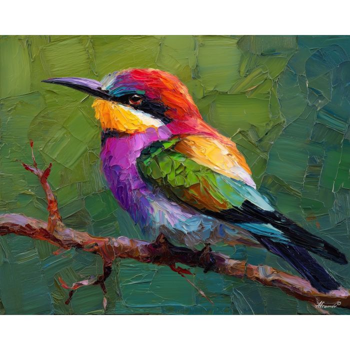 gentle, profile, bird close up, spring animal, wildlife portrait, animal face, palette knife, oil painting, impasto, textured surface, expressive animal, modern wildlife art, spring colors, painterly portrait, seasonal art, nature, close crop