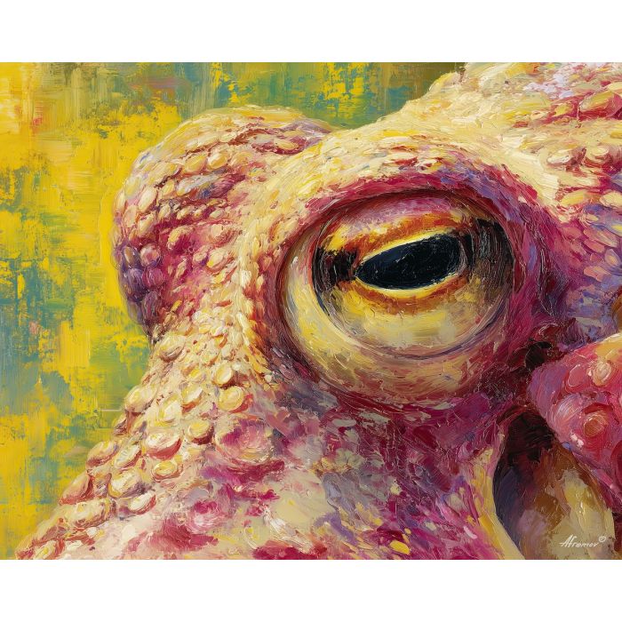 focused, face, octopus close up, spring animal, wildlife portrait, animal face, palette knife, oil painting, impasto, textured surface, expressive animal, modern wildlife art, spring colors, painterly portrait, seasonal art, nature, close crop