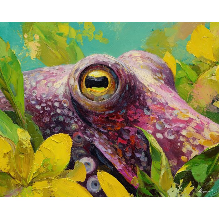 soft, gaze, octopus close up, spring animal, wildlife portrait, animal face, palette knife, oil painting, impasto, textured surface, expressive animal, modern wildlife art, spring colors, painterly portrait, seasonal art, nature, close crop
