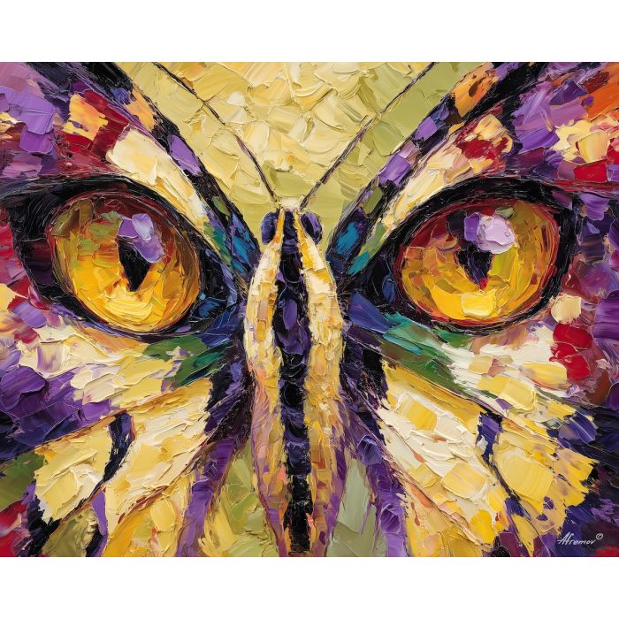 warm, look, butterfly close up, spring animal, wildlife portrait, animal face, palette knife, oil painting, impasto, textured surface, expressive animal, modern wildlife art, spring colors, painterly portrait, seasonal art, nature, close crop