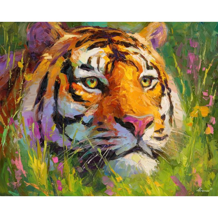 calm, features, tiger close up, spring animal, wildlife portrait, animal face, palette knife, oil painting, impasto, textured surface, expressive animal, modern wildlife art, spring colors, painterly portrait, seasonal art, nature, close crop