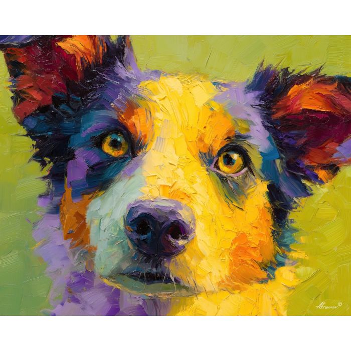 wild, expression, dog close up, spring animal, wildlife portrait, animal face, palette knife, oil painting, impasto, textured surface, expressive animal, modern wildlife art, spring colors, painterly portrait, seasonal art, nature, close crop