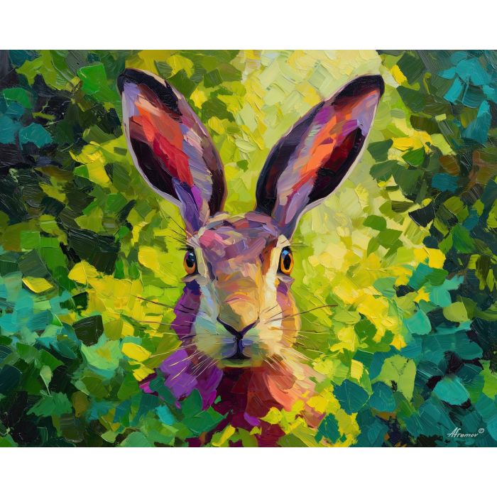 natural, focus, hare close up, spring animal, wildlife portrait, animal face, palette knife, oil painting, impasto, textured surface, expressive animal, modern wildlife art, spring colors, painterly portrait, seasonal art, nature, close crop