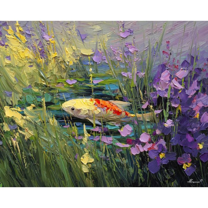 soft, rhythm, spring animals, fish, wildlife art, nature scene, bright colors, palette knife, oil painting, impasto, textured surface, animal painting, springtime, modern wildlife art, painterly style, seasonal art, expressive painting